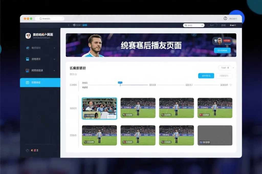 比赛结束后，电视屏幕展示集锦回放页面，旁边有时间轴和多角度切换提示